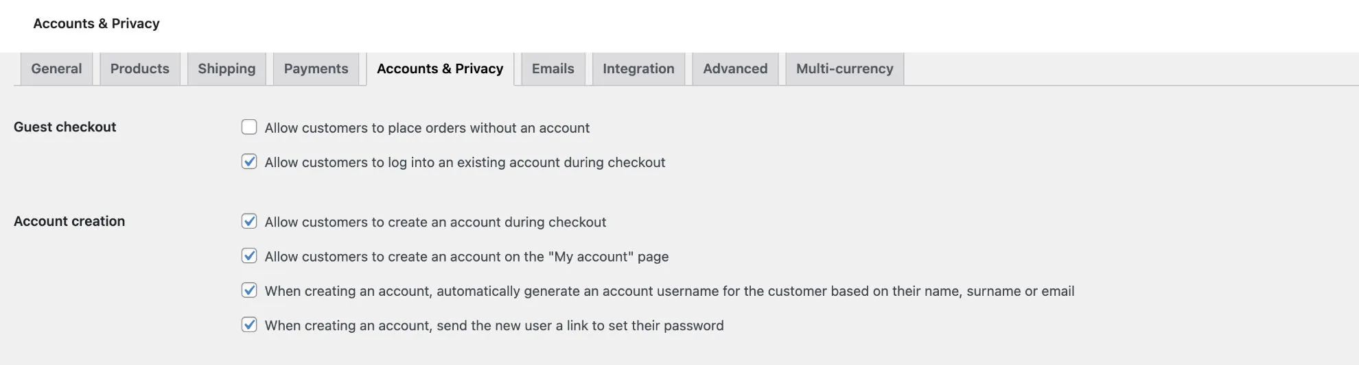 Cases à cocher dans les paramètres WooCommerce